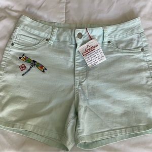 Upcycled and unique hand embroidered dragonfly shorts